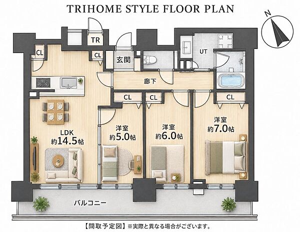 専有面積７３．５４m2の３ＬＤＫ。ＬＤＫは約１４．５帖、洋室は全室５帖以上を確保しています。各居室の収納に加え、トランクルーム完備。各室がバルコニーに面した家族それぞれの時間を大切にできる間取りです。