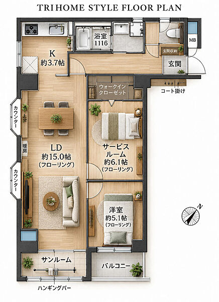専有面積７４．１１m2の１ＳＬＤＫ。約１５帖のＬＤと約３．７帖のキッチンを備え、ゆったり過ごせます。約６．１帖のサービスルームと洋室があり用途に合わせて活用可能。ＷＩＣやサンルームも備えた間取りです。