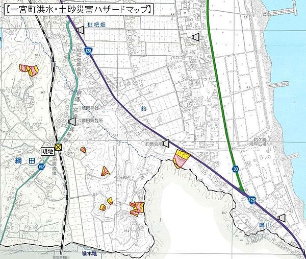 【洪水土砂災害ハザードマップ】ホワイトエリア※本物件の北東の位置にアンダーパス（立体交差道路）が存在します。局地的大雨や集中豪雨の際、構造上アンダーパス内に雨水が流入し冠水となる場合があります。
