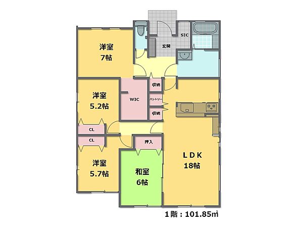 リビング１８帖の平屋です♪家族の気配を感じられる、フラットで開放的な間取りです。家事動線が短く、効率的に過ごせます。