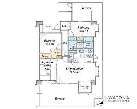 ▼南西・東南の角部屋につき圧迫感が少なく通風環境も良好!▼約55m2の広々としたタイル貼のテラス付です♪▼全室6帖以上、別途17.4帖のリビングお隣にはコンサバトリー付です!▼7帖の主寝室にはWIC…