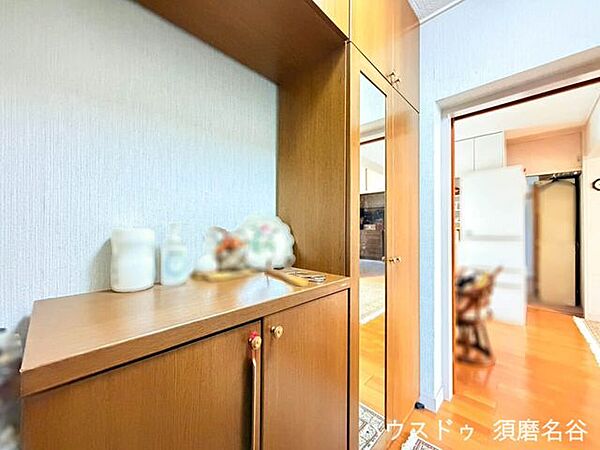 木の温もりが感じられる玄関ホール。カウンター付きの大きな下駄箱があり、靴をしっかり収納しつつ、写真や小物を飾ってお好みの空間を演出できます。
