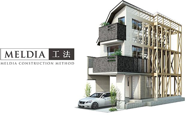 厚さ9mmの構造板を外壁に施工して建物を覆うことで、地震や台風時などに発生する「横方向」の力を分散して受け止める「木造在来軸組工法」をベースとした工法。