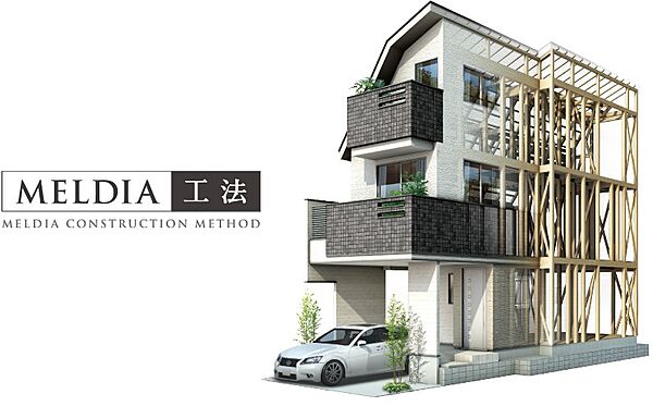 厚さ9mmの構造板を外壁に施工して建物を覆うことで、地震や台風時などに発生する「横方向」の力を分散して受け止める「木造在来軸組工法」をベースとした工法。