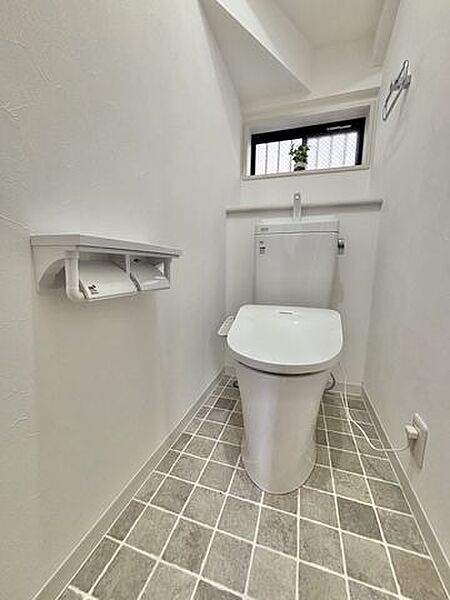 ウォシュレットのついた温水洗浄便座のトイレです。暖房便座、脱臭、乾燥機能などを搭載し、トイレットペーパーの使用量を減らして清潔を保ちます。壁面のニッチには芳香剤を置いたり、便利にお使いいただけます。