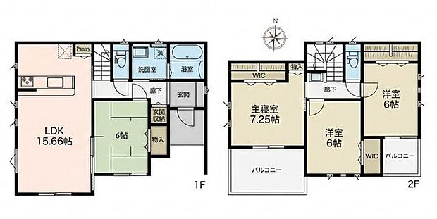 1階には約15.6帖のLDKと和室6帖を備えたゆとりある間取り。2階には洋室3室を配置し、主寝室にはウォークインクローゼットを完備。各居室に収納を設け、住空間をすっきり保ちやすい住まいです。