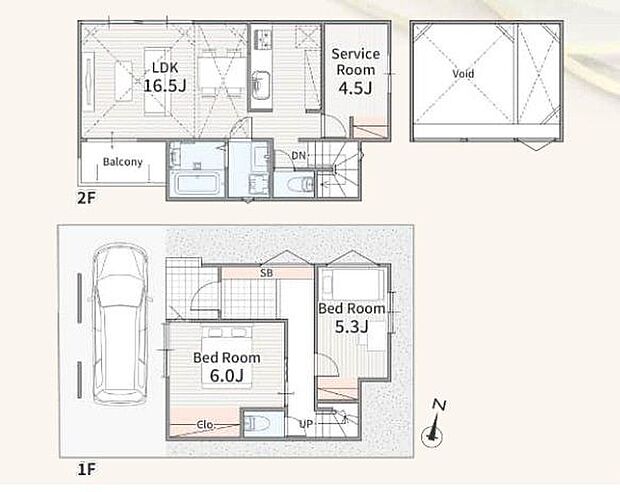 LDK約16.5帖のゆとりある空間を中心に、洋室2部屋とサービスルームを備えた間取り。各居室に収納を確保し、プライベート空間をしっかり確保できます。戸建てならではのゆとりある暮らしを楽しめます。