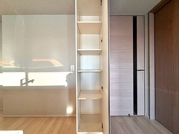 棚を備えた収納スペースで、衣類や小物などをまとめて整理できます。季節物や使用頻度の低い荷物も収納しやすく、居室を整った状態に保ちやすい仕様です。