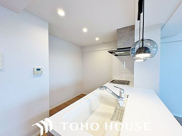 キッチントップには、お洒落な人造大理石の素材を使用しており、高級感があります。拘りすぎない可愛らしいタイプなので、奥様にもピッタリです。