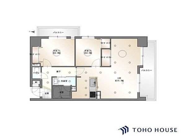 専有面積60.58平米の2LDKプラン。約16.7帖のLDKと、約6.0帖・約4.2帖の洋室を配置。洋室にはクローゼットが備わっており、南向きバルコニーからの採光が期待できる間取りです。