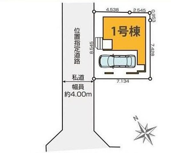 前面道路との位置関係や敷地の配置がひと目で確認できる区画図です。駐車スペースも確保されており、建物配置や敷地全体のイメージを把握しやすい資料です。
