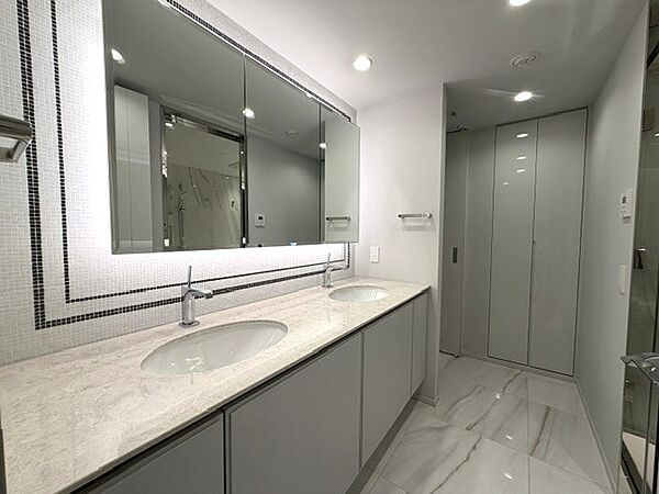 LED電気で明るく照らし、しっかりスキンケア。化粧台と鏡裏にも収納があるためすっきりした洗面スペースに。