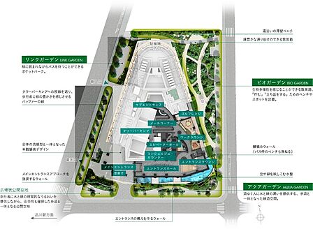 特徴的な建築物が形づくる有機的なランドスケープが、水・風・人など様々な流れを創出。