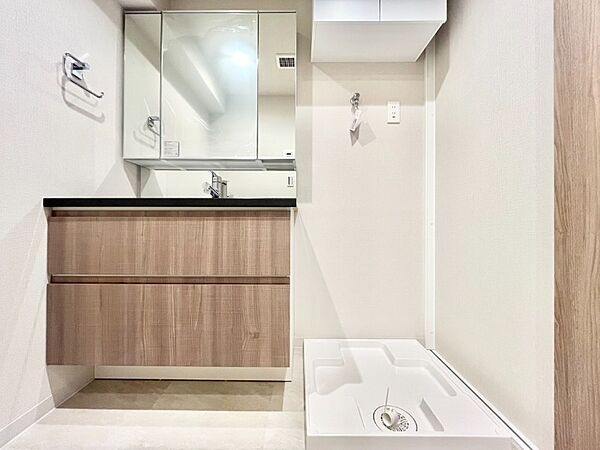 使いやすい三面鏡付のシャワー水栓の洗面台。収納力もあるので、日用品をストックするにも便利です！