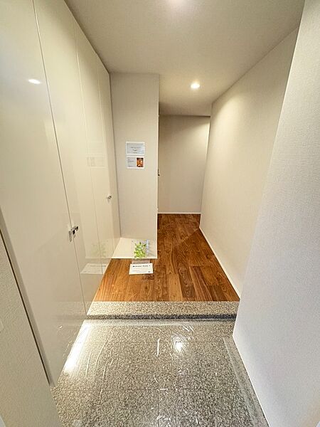 玄関は、人感センサー付き照明。買い物で両手がふさがっていても、自動的に明かりが付く優れもの。