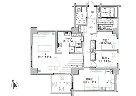 3LDK+WIC+SIC（専有面積120.48平米/バルコニー9.76平米）