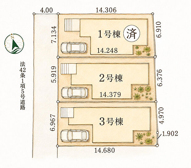整然と区画されたゆとりのある敷地で、穏やかな住環境が広がる落ち着いた街並みです。