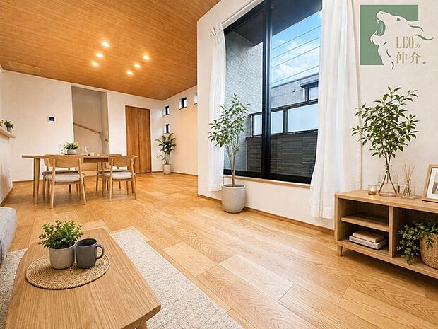 木目の優しい風合いと整えられた内装が調和し、日々の暮らしに心地よいゆとりと落ち着きをもたらす上質な空間です ※家具と雑貨はAI生成したものになります。