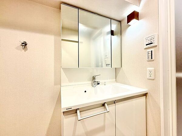 三面鏡の付いた洗面化粧台は、鏡面裏側にも機能的な収納を配置。スキンケア用品などが収納できます。