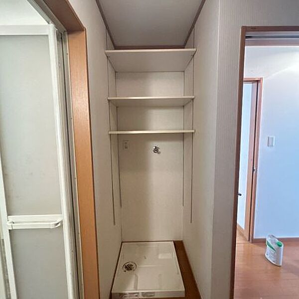 【洗濯パン、収納】洗濯機の上に収納スペースがあるので、便利ですね。