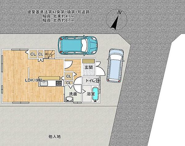 【区画図】2方角地になっておりますので駐車も楽々停めていただくことが可能です。前道も広く区画が整った住宅地にございます。