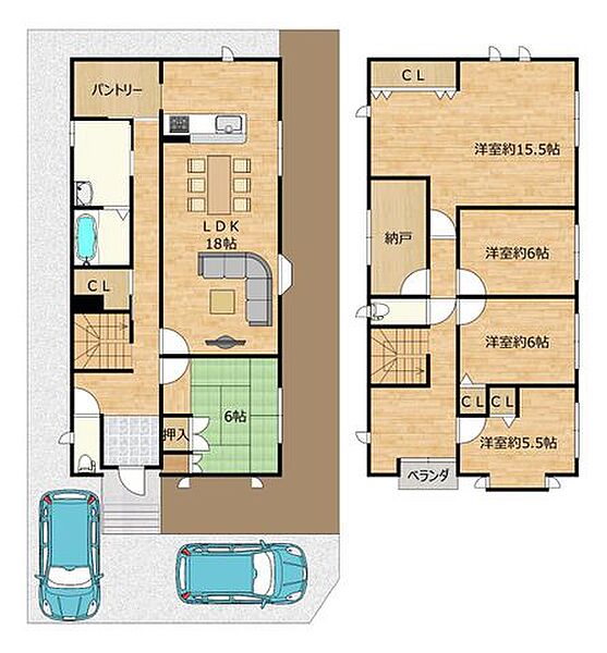 【間取り図】5SLDK、1階に居室のある間取りです。ご家族数が多くても1人1部屋が実現できます。