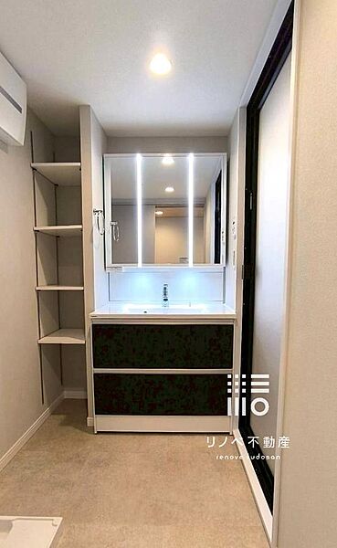 【洗面】大きなミラーに収納はスライドの引戸になっており、収納量も豊富で、収納のしやすさも◎サイドには置く物に合わせてたか差調節できる可動棚も備わっております。
