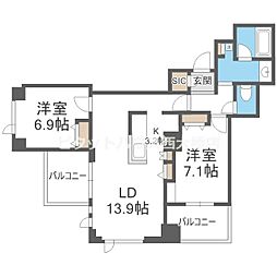 クロスレジデンス大阪新町 2LDKの間取図画像