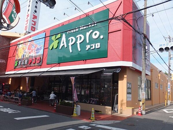 食品館アプロ岡店まで900m 徒歩12分。青果や精肉、鮮魚、加工食品、日用品などが取り扱われています。各種キャッシュレス決済が利用いただけます。/営業時間 9:00～21:00