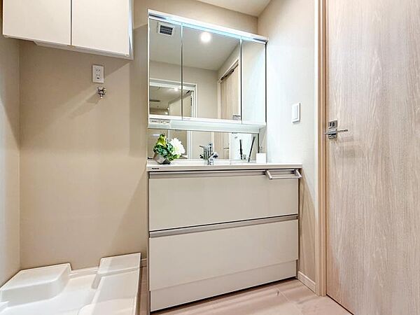三面鏡の付いた洗面化粧台は、鏡面裏側にも機能的な収納を配置。普段使いの洗面小物やスキンケア用品などが衛生的に保管できます。