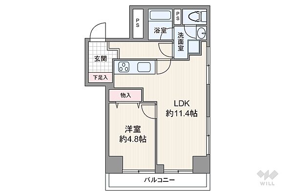 間取りは専有面積41.11平米の1LDK。LDK約11.4帖のプラン。バルコニー面積は4.42平米です。
