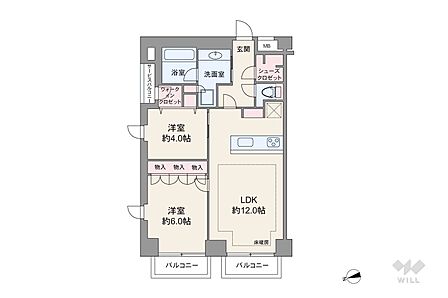 間取りは専有面積52.7平米の2LDK。全居室洋室仕様の縦長リビングプラン。個室は2部屋ともLDKから出入りします。シューズクロゼットとウォークインクロゼットがあるのもポイント。