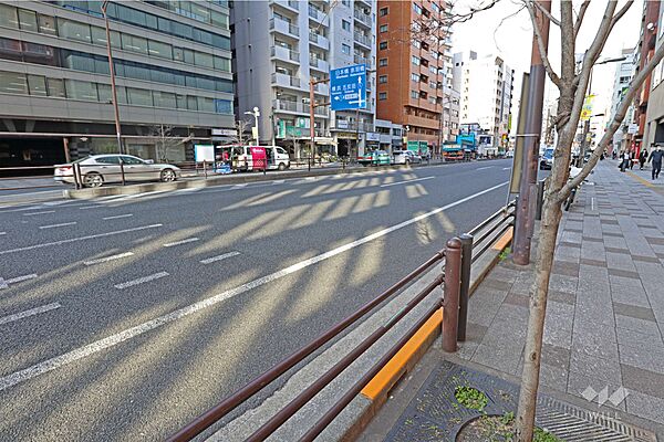 敷地西側の前面道路は三田通りです(南側から)。
