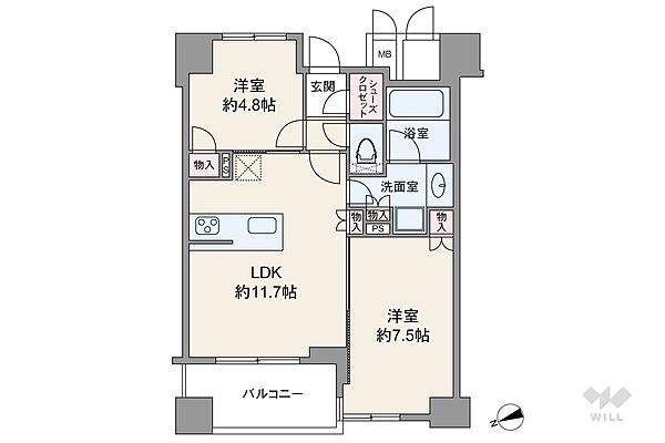 間取りは専有面積52.45平米の2LDK。バルコニー面積は6.12平米です。