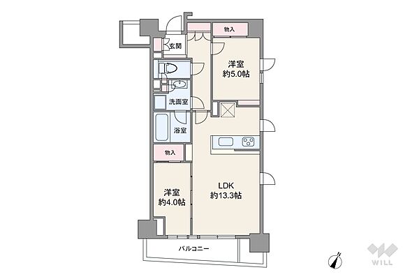 間取りは専有面積54.47平米の2LDK。玄関先から室内を見通しにくい、プライバシーに配慮されたプラン。全居室洋室仕様で、全ての部屋に採光面があります。キッチン横にも窓が付いているのもポイントです。