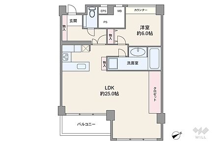 間取りは専有面積68.99平米の1LDK。LDK約25.0帖のプラン。バルコニー面積は3.3平米です。
