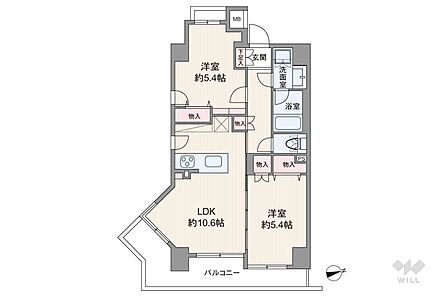間取りは専有面積50.35平米の2LDK。LDK約10.6帖の縦長リビングのプラン。複数方向に採光部があり、バルコニー面積は8.99平米です。