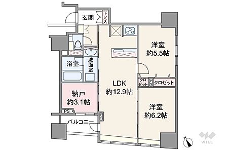 間取りは専有面積57.91平米の2SLDK。LDK約12.9帖のプラン。複数方向に採光部があり、バルコニー面積は3.62平米です。