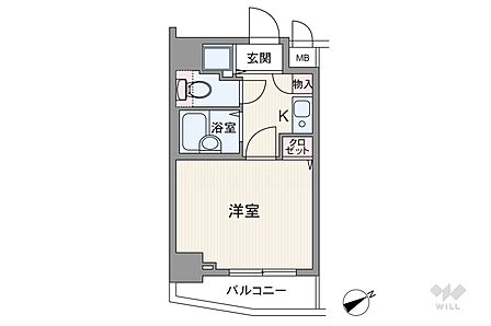 間取りは専有面積19.98平米の1K。浴室・洗面とトイレがセパレートになったプラン。洗濯機置場は玄関横に設置されています。キッチン横と洋室に収納あり。バルコニー面積は3.18平米です。