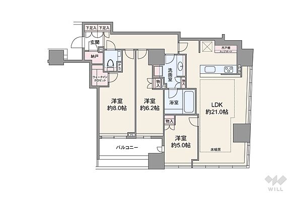 間取りは専有面積90.53平米の3LDK。LDK約17.2帖のプラン。バルコニー面積は9.07平米です。