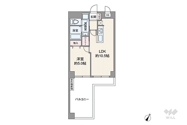 間取りは専有面積39.75平米の1LDK。ルーフバルコニー付きのプラン。バルコニー面積は15.8平米です。
