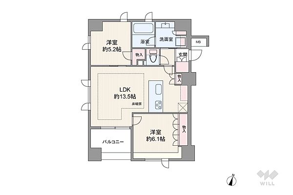 間取りは専有面積54.79平米の2LDK。LDK約13.5帖のプラン。バルコニー面積は5.6平米です。