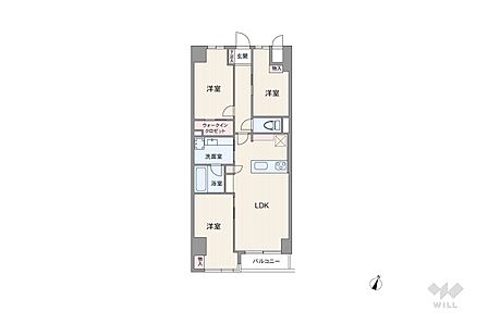 間取りは専有面積63.18平米の3LDK。キッチンから洗面室にアクセスしやすく家事動線の優れたプラン。全室洋室仕様で各部屋に収納付き。LDKにカウンタースペースがあるのもポイントです。