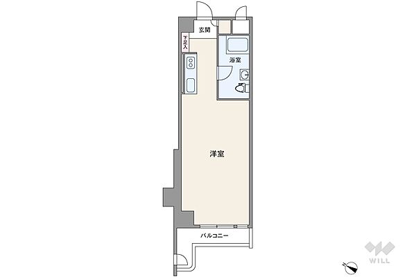 間取りは専有面積35.64平米の1R。バルコニー面積は3.3平米（概算）です。