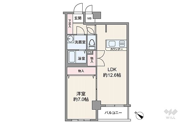 間取りは専有面積47.04平米の1LDK。LDK約12.6帖のプラン。バルコニー面積は3.64平米です。