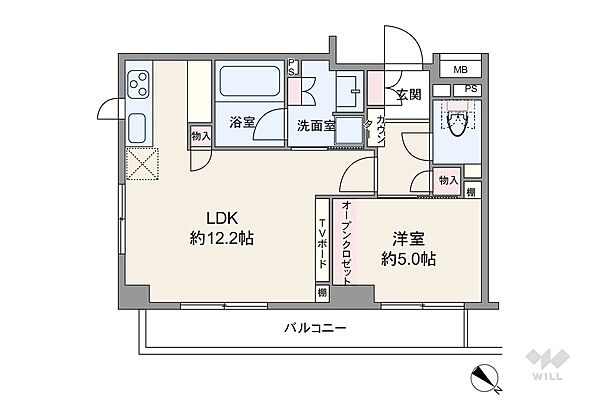 間取りは専有面積41.81平米の1LDK。LDK約12.2帖のプラン。バルコニー面積は6.34平米です。