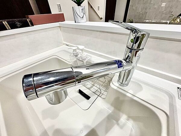 「浄水器」ボタンひとつで浄水と原水に切り替えられる浄水器一体型水洗を使用。お米を炊いたりする際には浄水機能をつかうこともできて、人気の商品です。