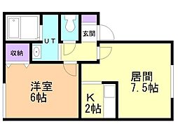 オークヴィラ中道 1LDKの間取図画像