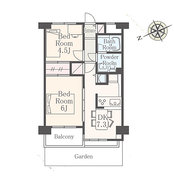 壁芯42.39m2の2DK＋13.65m2の専用庭付き間取り。ライフスタイルに合わせて空間を使い分けられます。
