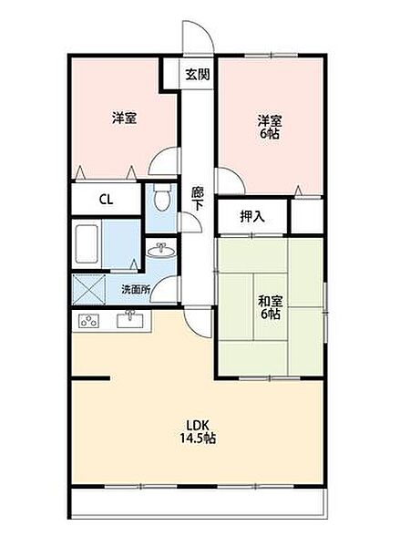 14.5帖のLDKと洋室2室・和室1室を配した、専有面積66.17m2の3LDKです。